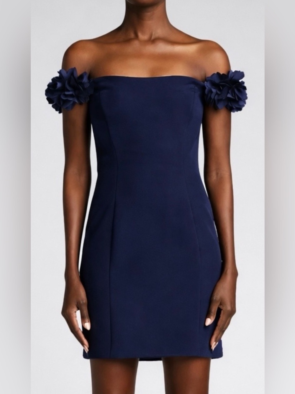 Marchesa Notte 3D Floral Off Shoulder Crepe Cocktail Dress Navy 8